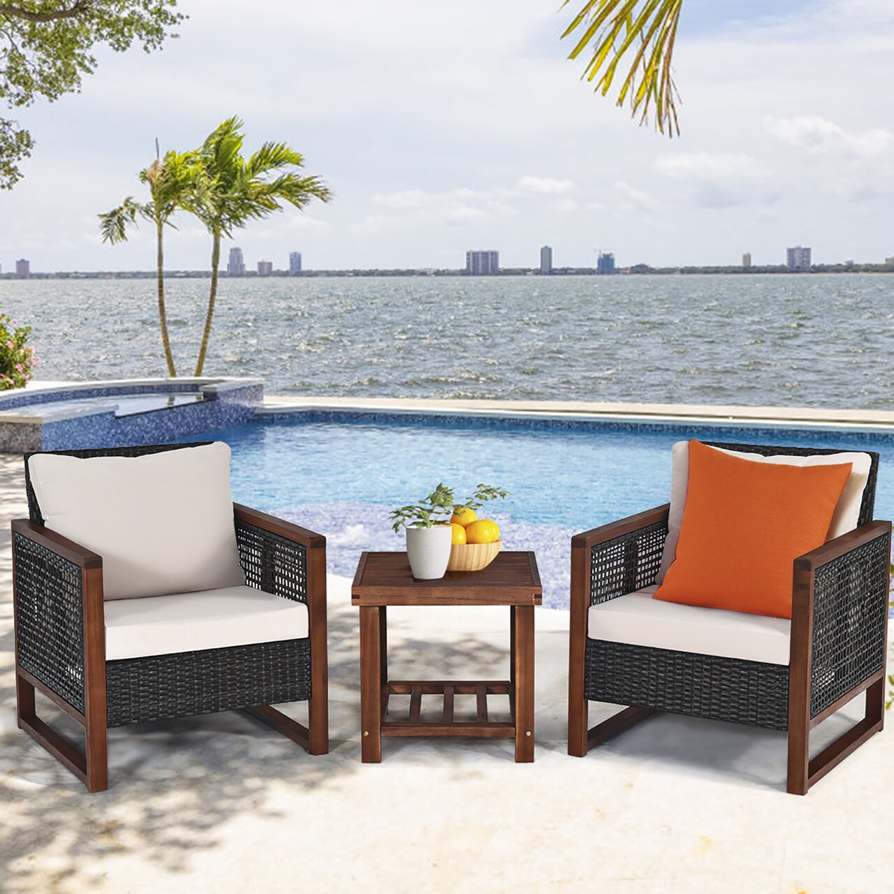 Costway 3PCS Patio Wicker Furniture Set Solid Wood Frame Cushion Sofa w/ Square Table Shelf